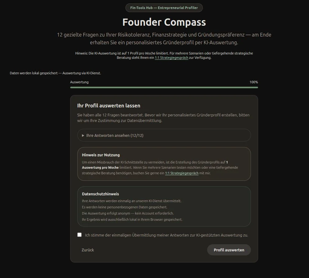 Founder Compass consent step — showing the answer summary, usage notice with weekly limit, GDPR privacy notice, and the submit button before the AI analysis starts