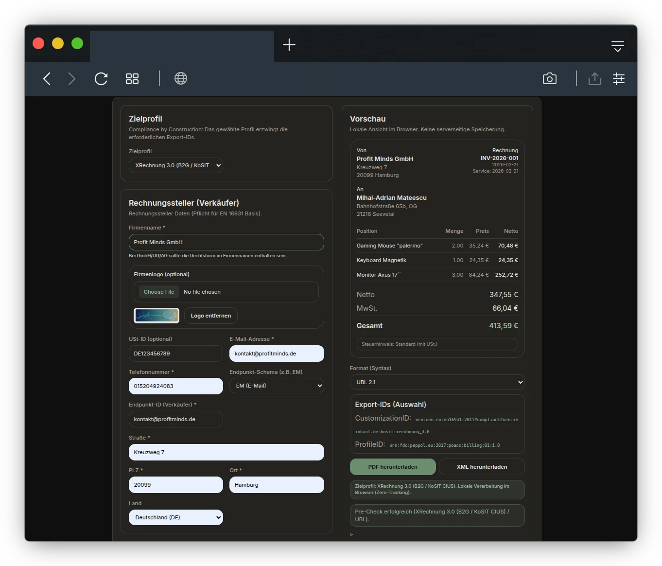 Building a KoSIT-Valid XRechnung Generator That Runs Entirely in the Browser